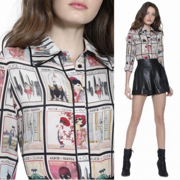 Alice + Olivia Tops - Alice + Olivia Santana Magazine Print Silk Blouse